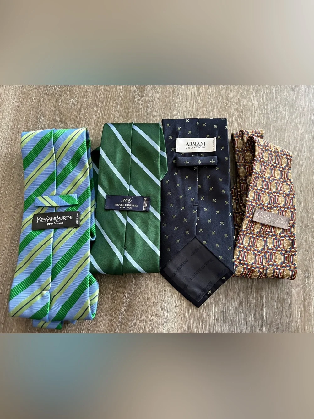Set of Four Men's Silk Designer Ties in Green, Navy and Brown